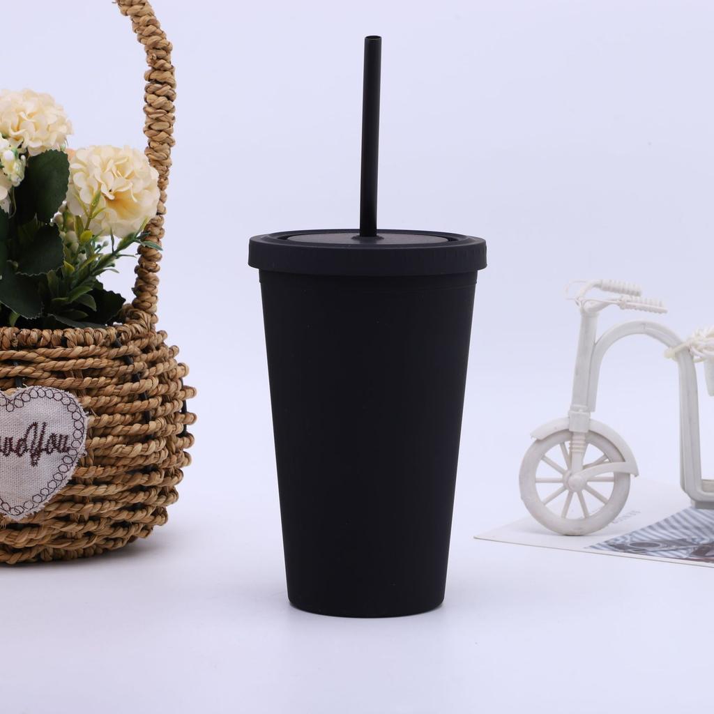 16/24 oz doppelwandiger Plastikbecher mit Strohhalm, Kaffeebecher, gefrosteter Plastikbecher, handlicher Wasserbecher, leicht zu tragen, Strohhalm, Wasserkocher, Sportflasche