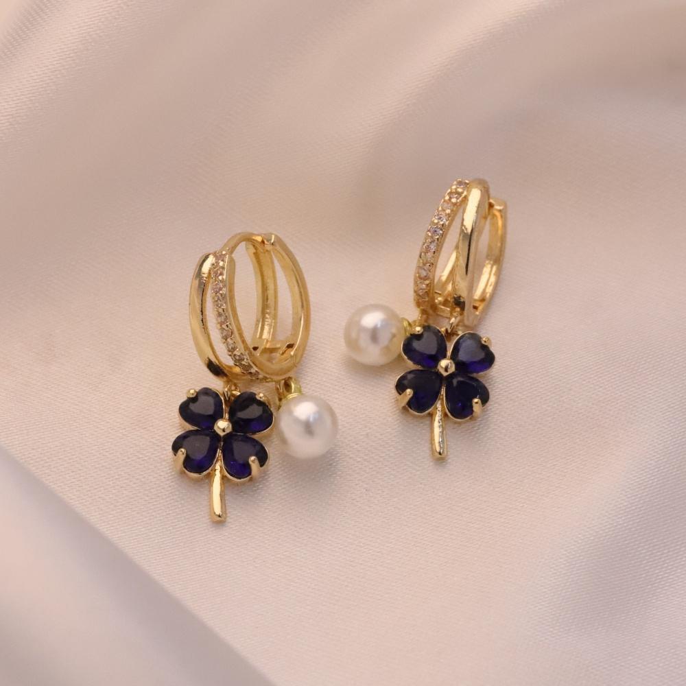 1 Pair Fashion Colorful Four-leaf Clover Zirconia with Imitation Pearls Dangle Earrings for Women Golden Earring Jewelry Wedding Party Accessories