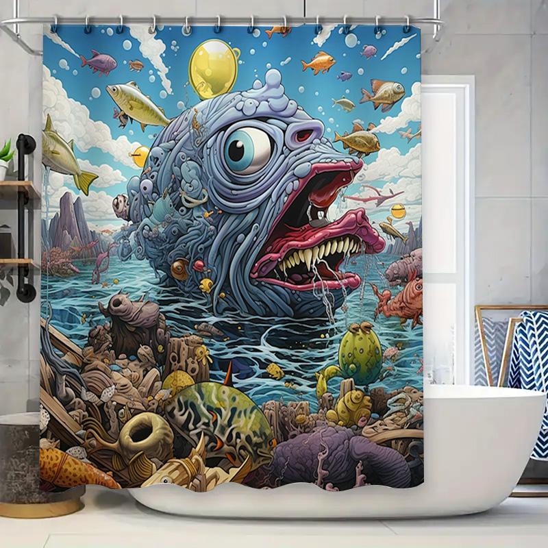 Whimsical Underwater World Shower Curtain Giant Fish Sea Creatures Bath Rug DecorModern Cartoon Art Print Custom Made Waterproof 90x180cm