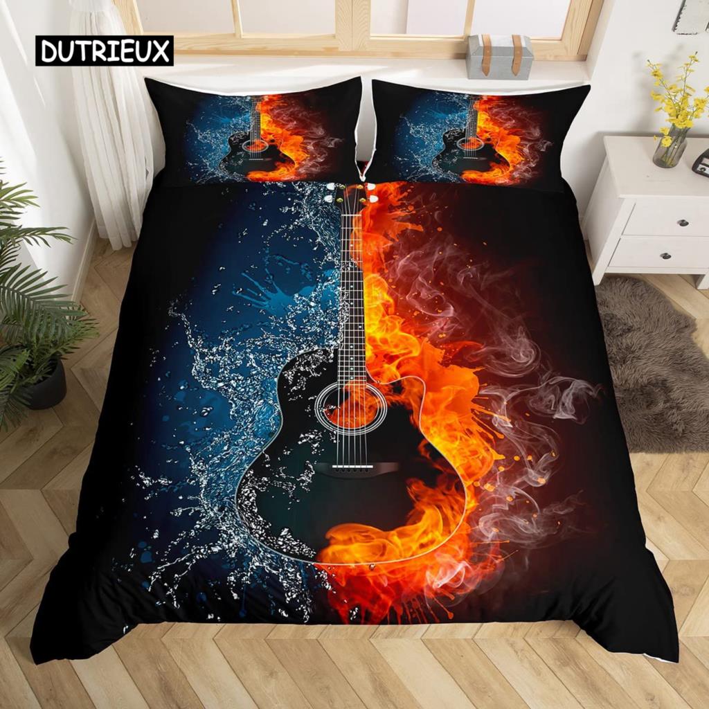 Music Bedding Set Piano Keyboard Music Note Duvet Cover Queen Size Bed Linen Comforter Microfiber Guitar Polyester Bedding Sets