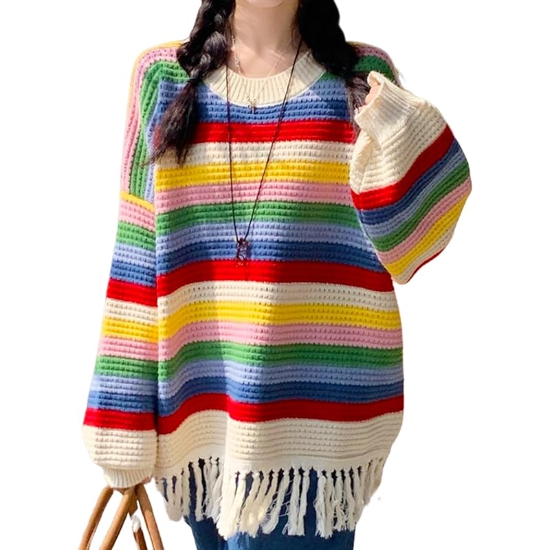 

[Air Buy] border knit sweater multi color fringe spring long sleeve pullover cut and sew ladies rainbow m white 5S-A02-WHM