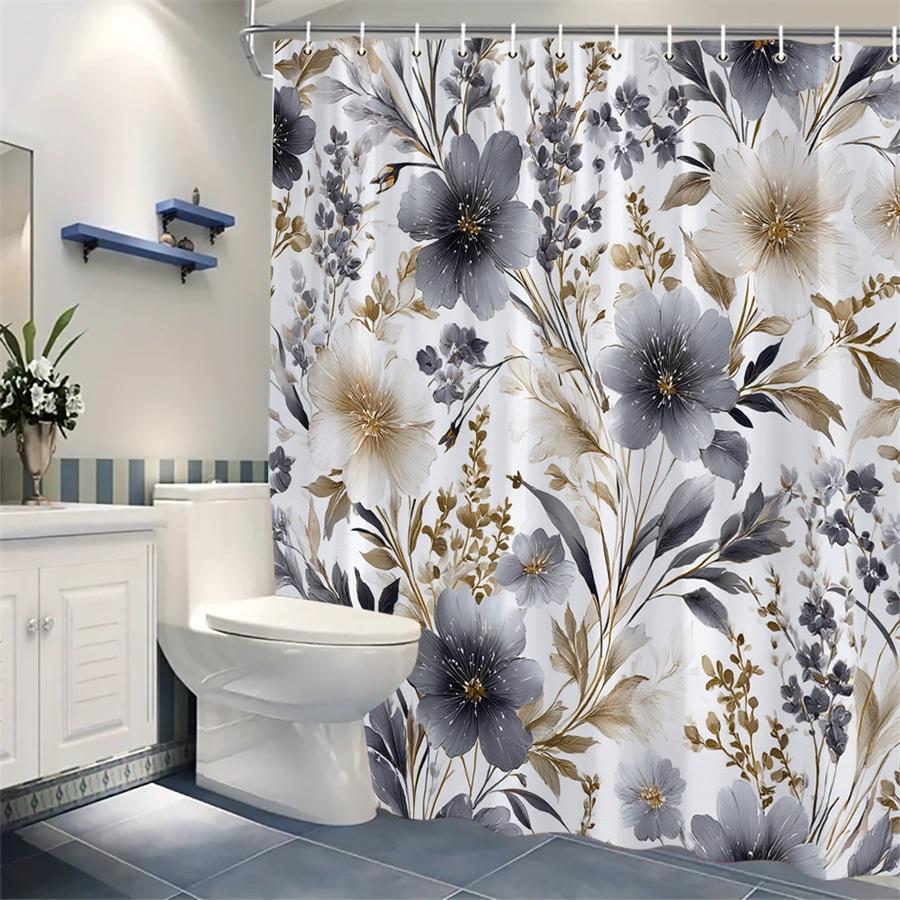 1 Grey Beige Floral Shower Curtain, Elegant Off-White And Beige Flowers With Dark Flowers And Delicate Leaves, With Hook