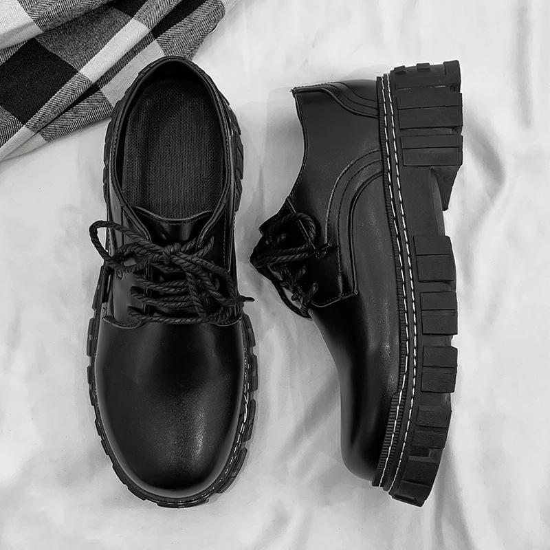 Black big head leather shoes winter business dress British style small leather shoes soft sole casual shoes autumn and winter