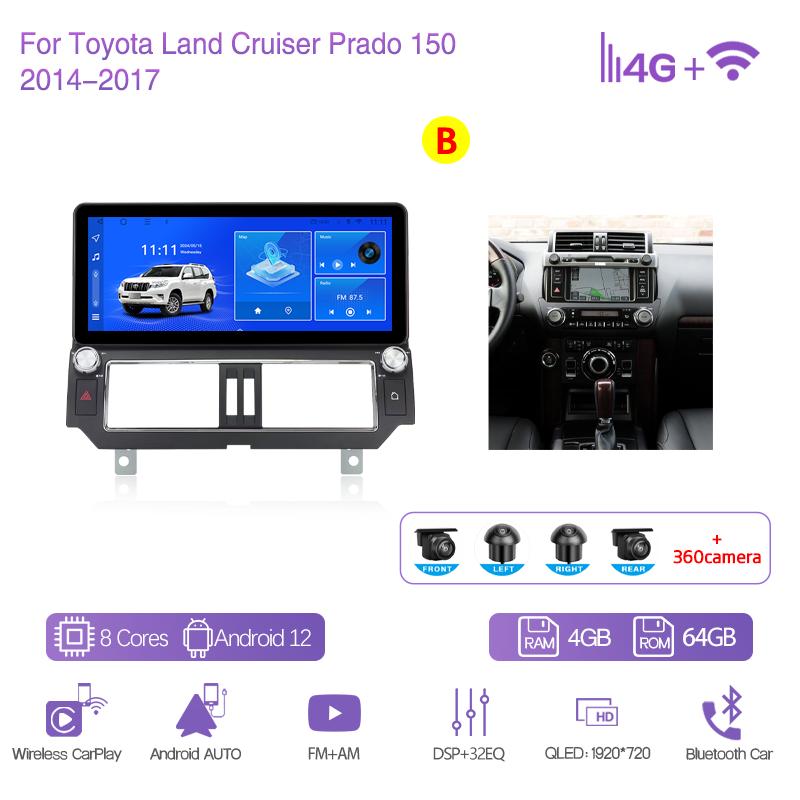 12.3 For Toyota Land Cruiser Prado 150 2014-2017 GPS Navigation Radio Android12 8Core CarPlay 4G 360Camera Car Multimedia Player