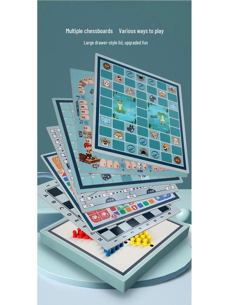 Multifunktionales Holz-Spielbrett: Fliegendes Schach, Dame und Tierkampf für Kinder und Erwachsene