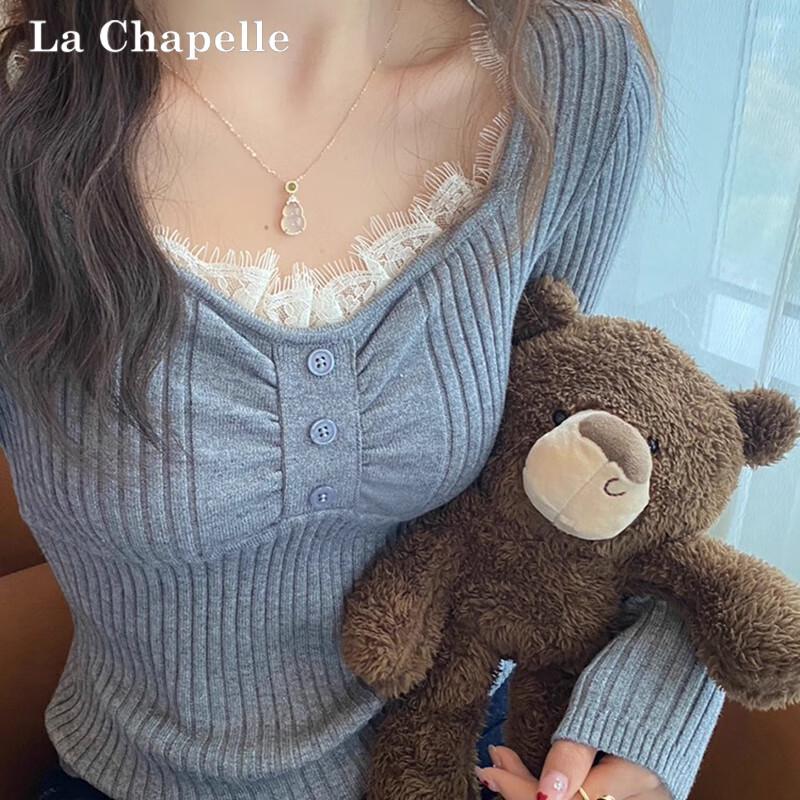 La Chapelle Damen Strick V-Ausschnitt Basisschicht Top mit Spitzenbesatz