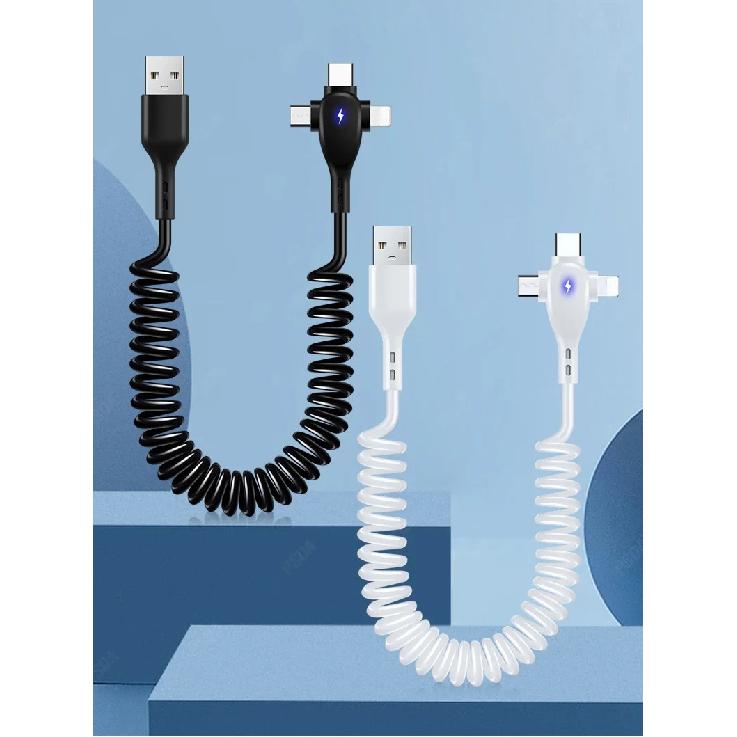 3 in 1 66W 6A Fast Charging USB Type C Cable Micro USB Spring Car Charger For iPhone Xiaomi  Samsung Phone Charger Cord