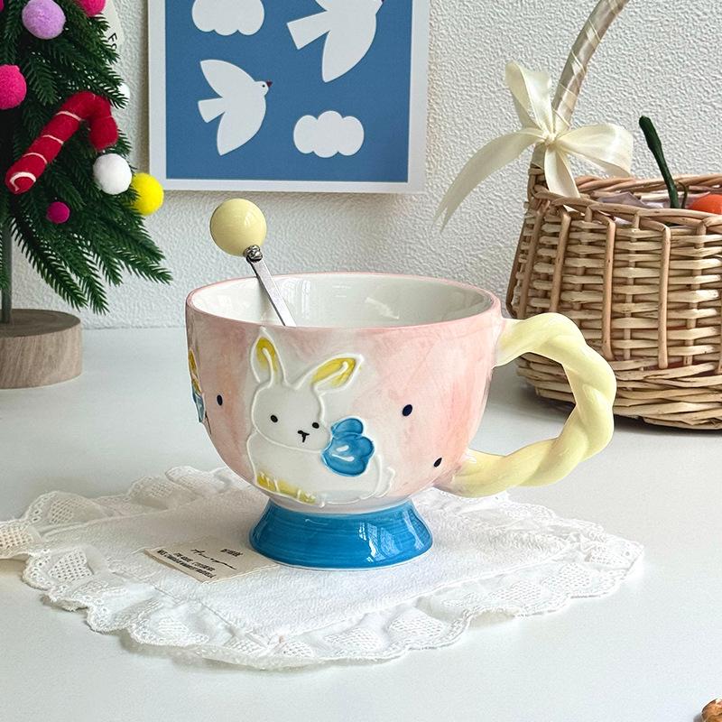 

Cute embossed bunny ceramic mug underglaze color goblet office milk breakfast cup birthday gift for women 401-500ml