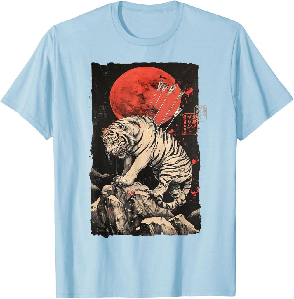 Wounded Tiger with Arrows Japanese Art Graphic Tee Mens Casual Round Neck TShirt Breathable Print