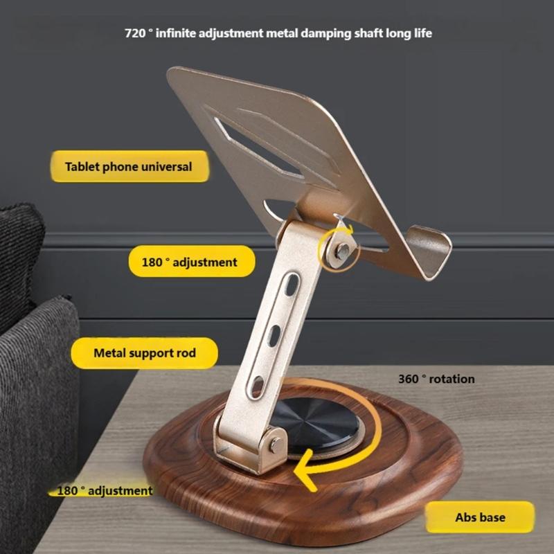 Support de téléphone en métal Support Rotation à 360 degrés Ergonomique Pliable Portable Base en bois de noyer Port de chargement inclus