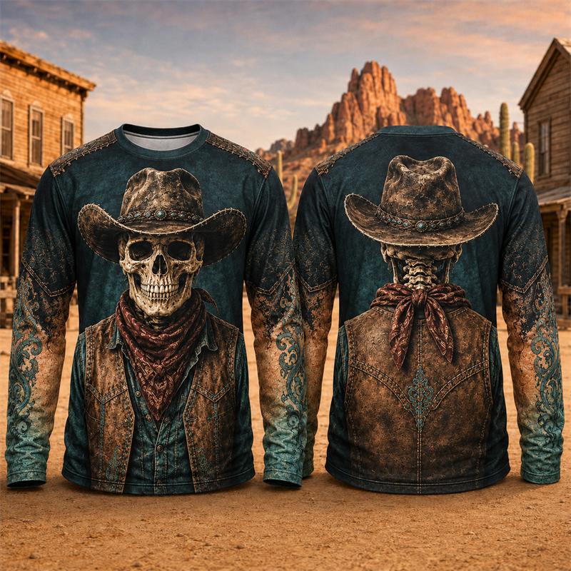 Halloween Novelty Long Sleeve T Shirt Men 3D Print Retro Cowboy Skeleton Graphic Tee Fashion Party Daily Street Casual New Top