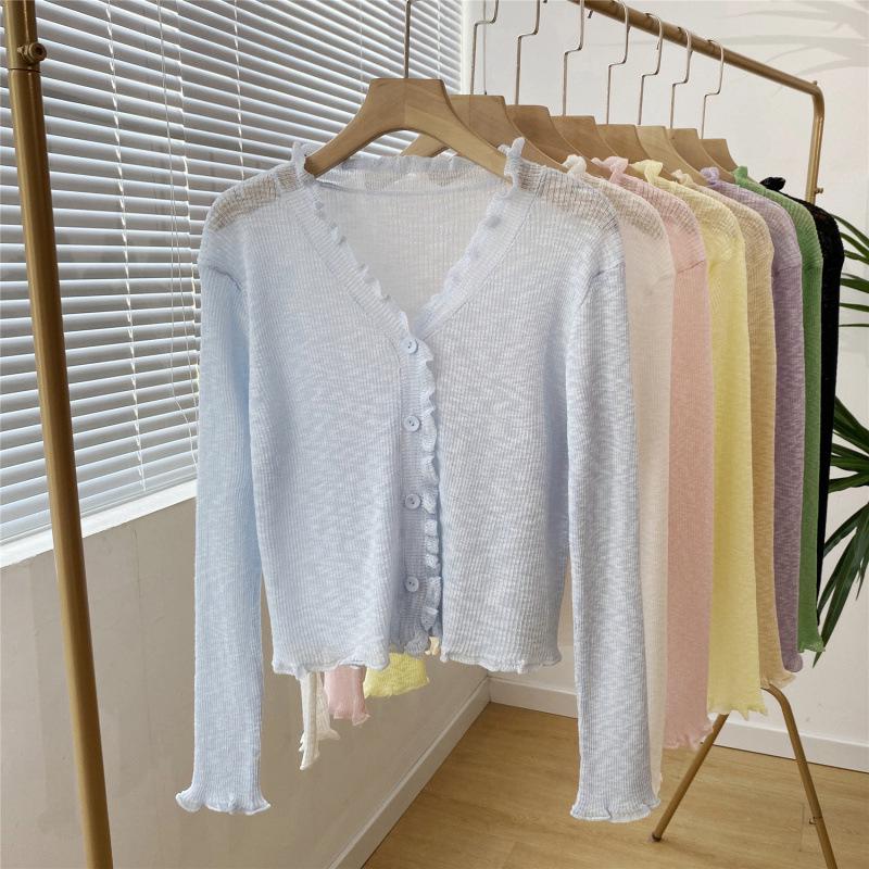 

2026 Korean Style V-neck Long Sleeve Ruffle Knit Cardigan for Women One Size светло-синий