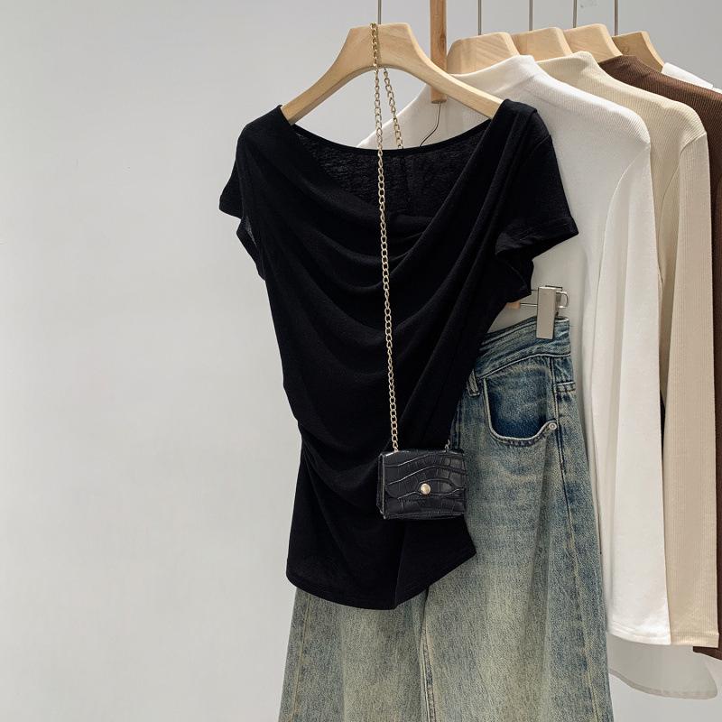 Exquisite Off-Shoulder French Drape Tee: 2025 Summer White Cinched Waist, Short-Sleeve Crop Top.