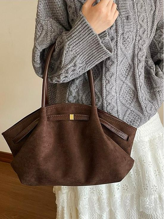 Winter Retro Suede Basket Shoulder Bag: Versatile, Large-Capacity Handbag