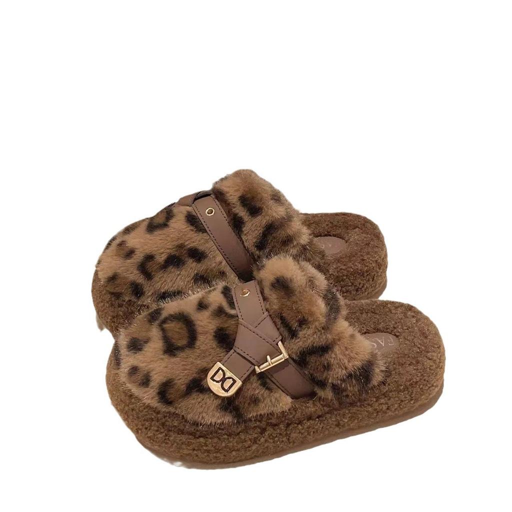 Leopard Print Fluffy Slippers Women's Winter Indoor Home Velvet Warm New Bag Head Thick Bottom Cotton Slippers Outer Wear