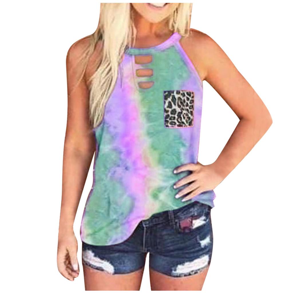 Womens Tie-Dye Leopard Pocket Sleeveless Tank Top Casual Summer Blouse Shirts