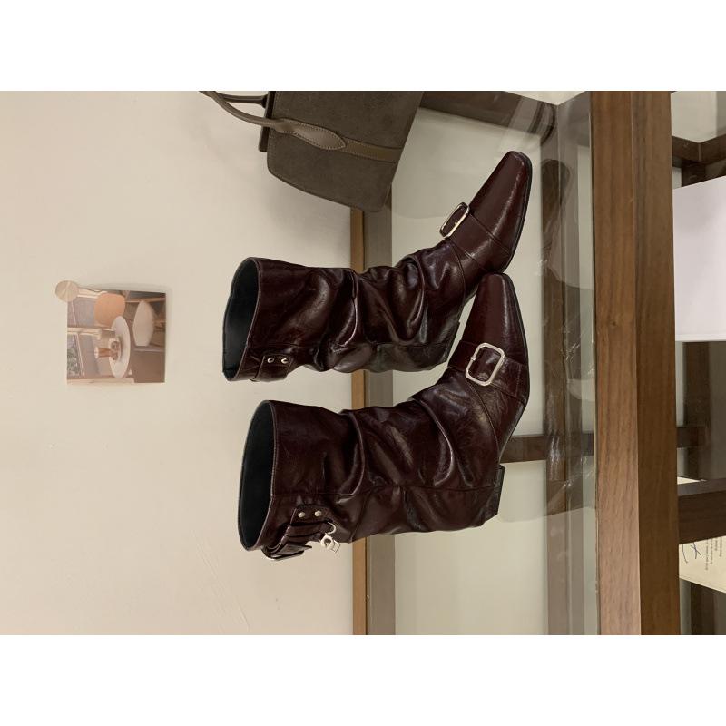 

Niche design retro brown belt buckle short boots women s boots autumn and winter 2025 new western pile boots knight boots 39 бордовий