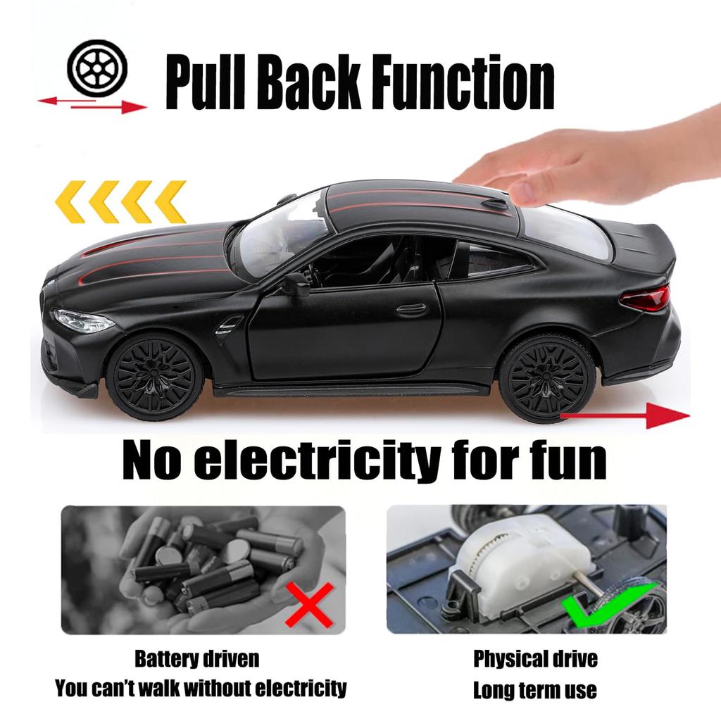 TOKAXI 1/36 Scale BMW M4 Diecast Miniature Car with Pull-Back Driving Function, Black, Birthday/Christmas Gift for Boys and Girls