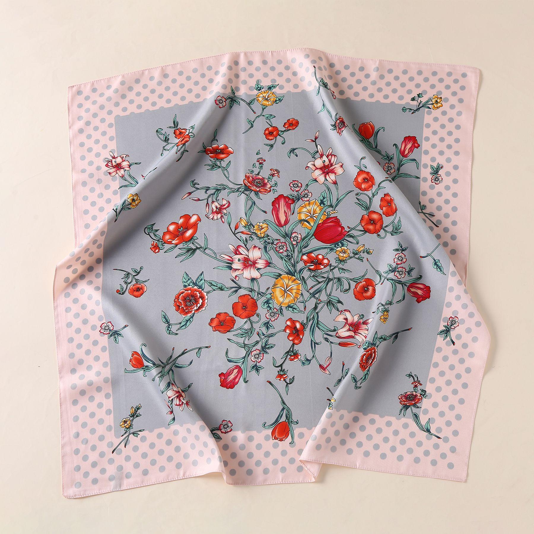 

Новый шарф из искусственного шелка, женский, в горошек, с цветочным принтом, маленький квадратный шарф, летний, универсальный, многофункциональный, печатный шелковый шарф 70*70cm