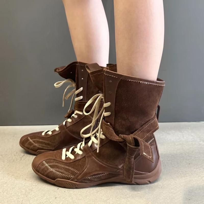 Fashion Vintage Mixed-color Height Increasing Women Boxing Training Boots Fashion Autumn Winter Faux Suede Sneakers Short Boots Shoes