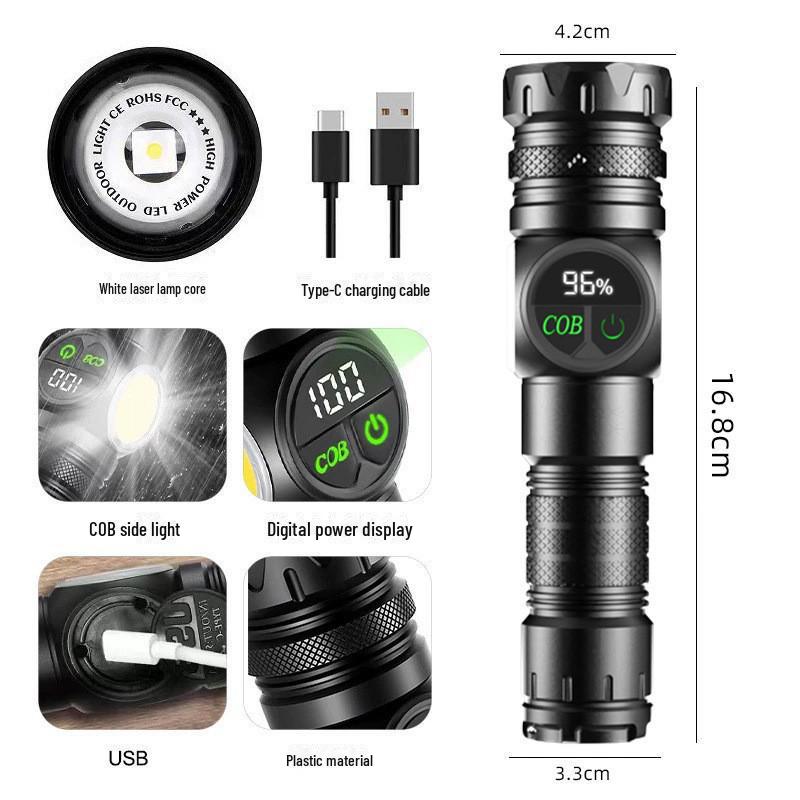 High-Power Rechargeable White Laser Flashlight with Digital Display for Outdoor Use