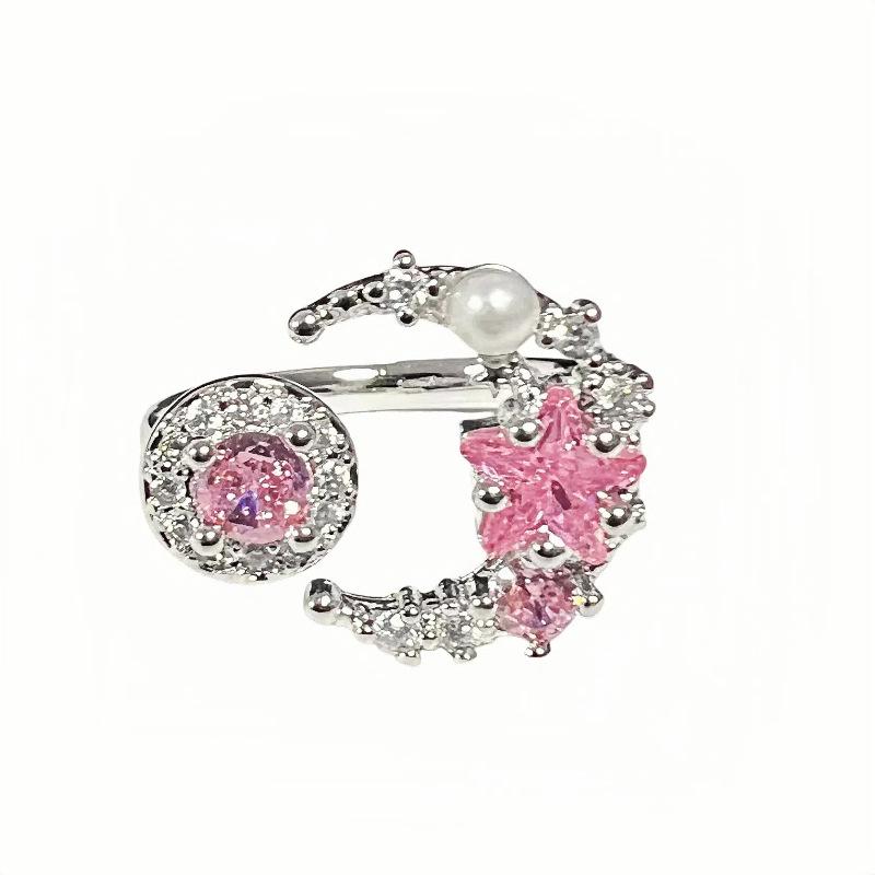Niche Design Blue Love Zircon Fishtail Open Ring Light Luxury High Sense Pink Star Crescent Ring Woman