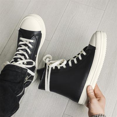 Trend Men Leather Casual Shoes Street Cool Thick-soled Flat Skate Shoes Young Man Lace-up Sneaker