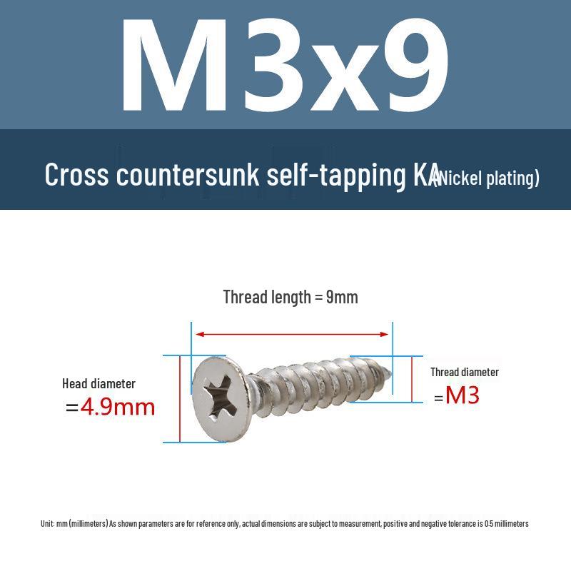 YiguYigu Nickel-Plated Phillips Flat Head Self-Tapping Screws M1-M5, Carbon Steel