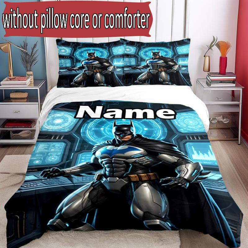 3pcs Duvet Cover Set (1*Duvet Cover + 2*Pillowcase, Without Core), Custom Name Batman Pattern Bedding Set, Home Bedroom Decor Gift