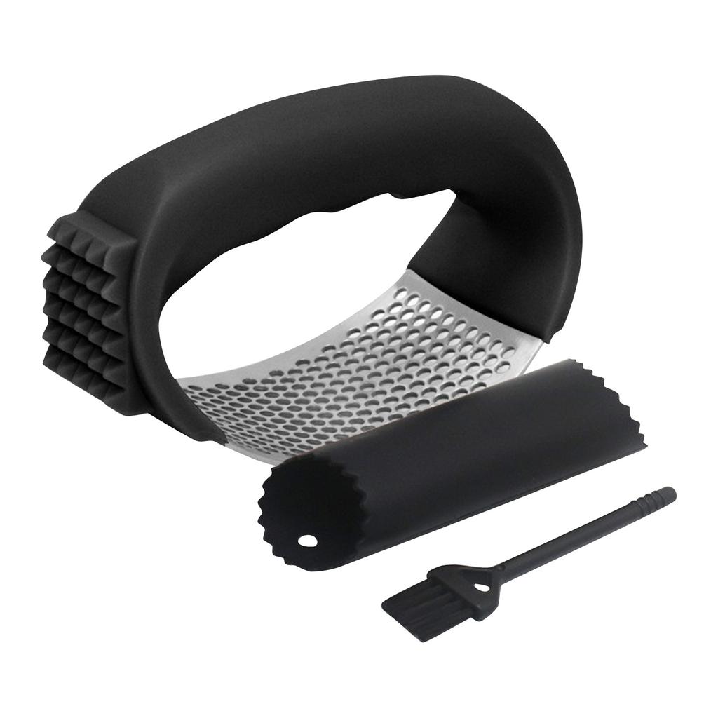 Nerezový lis na česnek, Kráječ česneku se škrabkou a čisticím kartáčkem, Nerezový drtič česneku pro drcení česneku, Kuchyňské nářadí