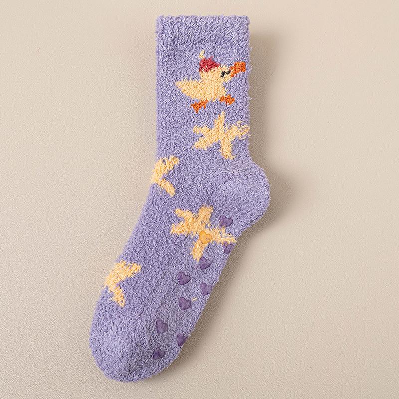 Coral Velvet Socks for Women Thickened Non-shedding Cartoon Furry Jacquard Sleeping Socks Floor Non-slip Warm Home Socks