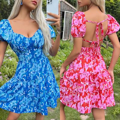 Letní dámské šaty Móda Sladké šaty s volánem bez zad s potištěným krátkým rukávem