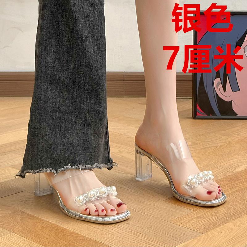 

Женские туфли на высоком каблуке лето 2024 новая односложная водонепроницаемая платформа стразы прозрачный кристалл толстый каблук шлепанцы сандалии женские 40