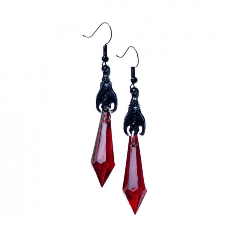 Gothic Black Bat Earrings with Red Teardrop