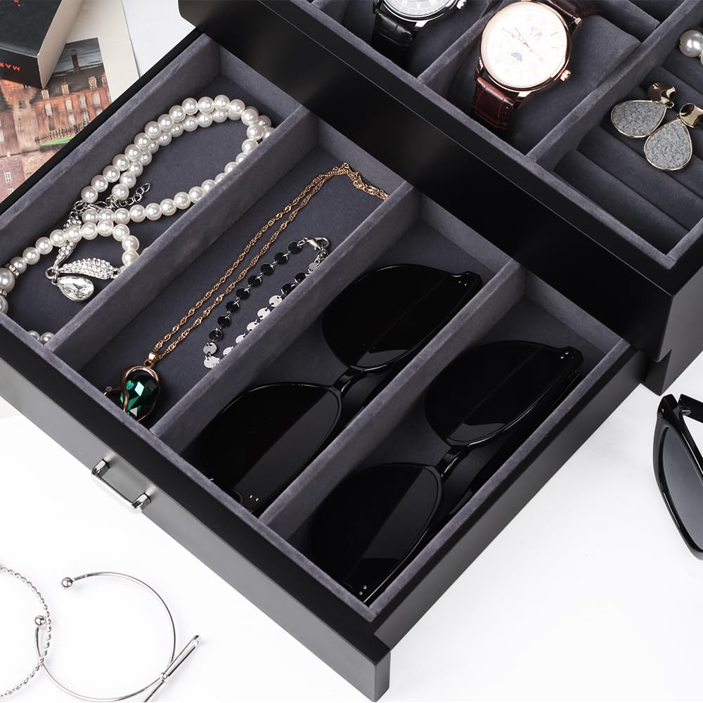 Baskiss Luxury Wooden Watch and Jewelry Storage Holds 6 4 and Collectible 2-Layer Case, Watch, Eyeglasses, Box, Watches, Sunglasses, Accessories,