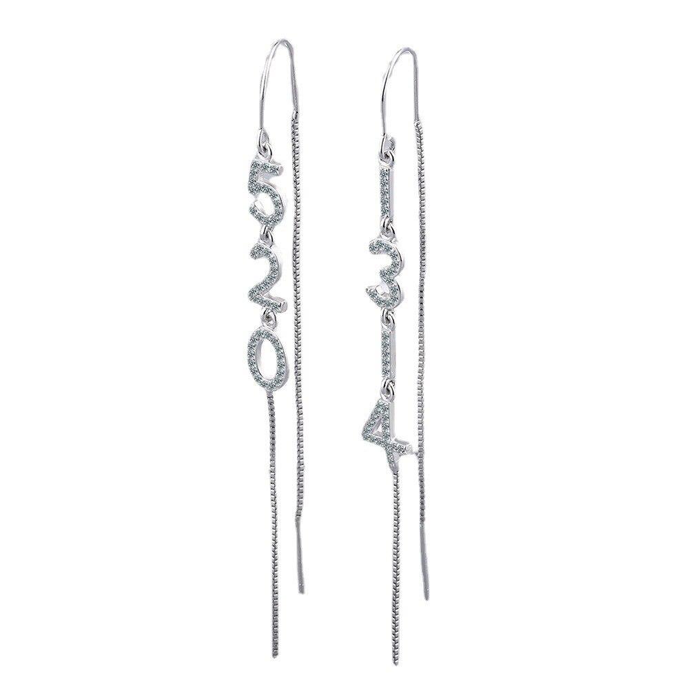 925 Sterlingsilber Kristall Zahlen Ohrringe für Damen Koreanische Lange Quaste Hängeohrring Mädchen Party Elegantes Schmuck Hochzeitsgeschenk