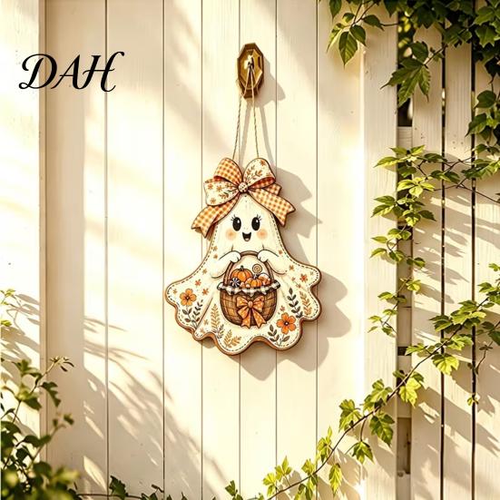 Rustic Harvest Wall Art Cute Bow Ghost Hanging Sign, Retro Floral Door Sign with Pumpkin Halloween Party Background Decor Basket, Vintage Wooden