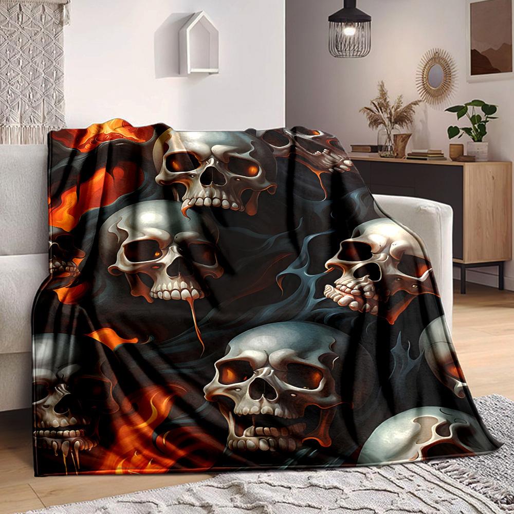 1pc Skulls Flames Lightweight Flannel Blanket, Comfortable and Warm Blanket, for Office and Camping Sofa Bed, Livingroom189