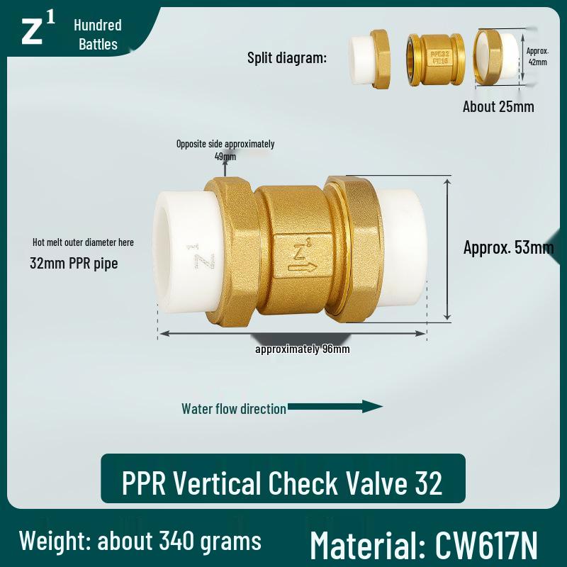 6/4 PPR Hot Melt Full Copper Check Valve, Horizontal/Vertical, 1-Inch Double Union, One-Way Tap Water Pipe Valve.