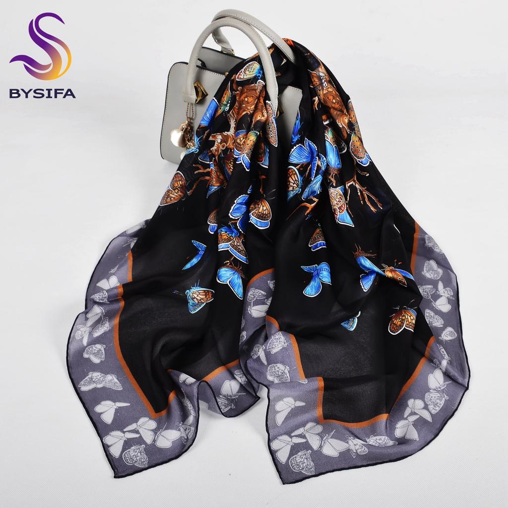 BYSIFA| Black Grey Women Pure Silk Scarves Hijabs Elegant Blue Butterfly Design 100% Mulberry Silk Square Neck Scarf Shawl 108cm