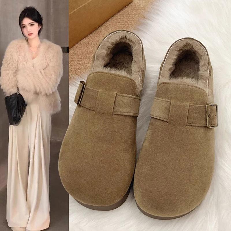 Leather All-inclusive Retro Birkenstocks Women's Winter 2025 New One-pedal Cotton Shoes Fluffy Shoes Plush Warm Snow Boots