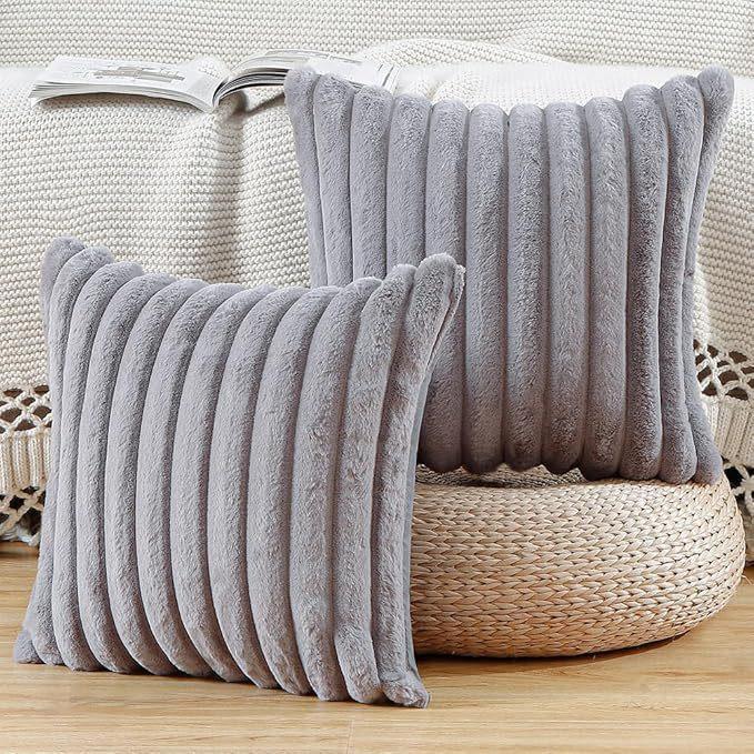 4PCS Soft Plush Pillowcases, Solid Color Striped Faux Rabbit Fur Pillowcases, Living Room Sofa Cushion Covers