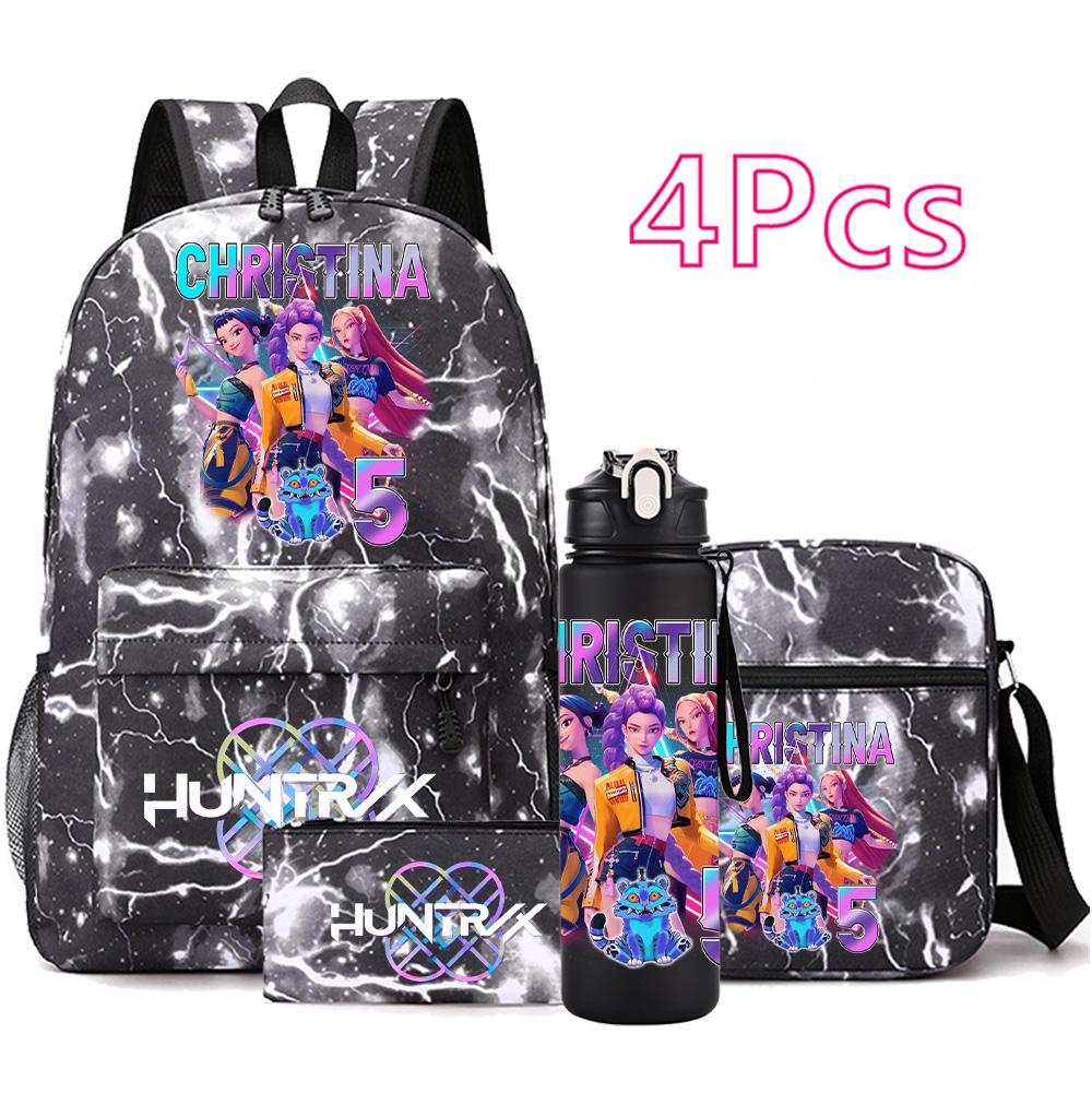 4Pcs/set Anime K-Pop Demon Hunters Printed Backpack Bookbag Shoulder Bag Case Bag with 750Ml Water Bottler for Boy Girl Large Capacity Schoolbag