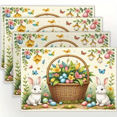 2/4/6 pièces de sets de table de Pâques - Design Moderne Lapin Floral & Œuf de Pâques, Polyester Durable, Lavable en Machine, Parfait pour Table Basse, Table à Manger