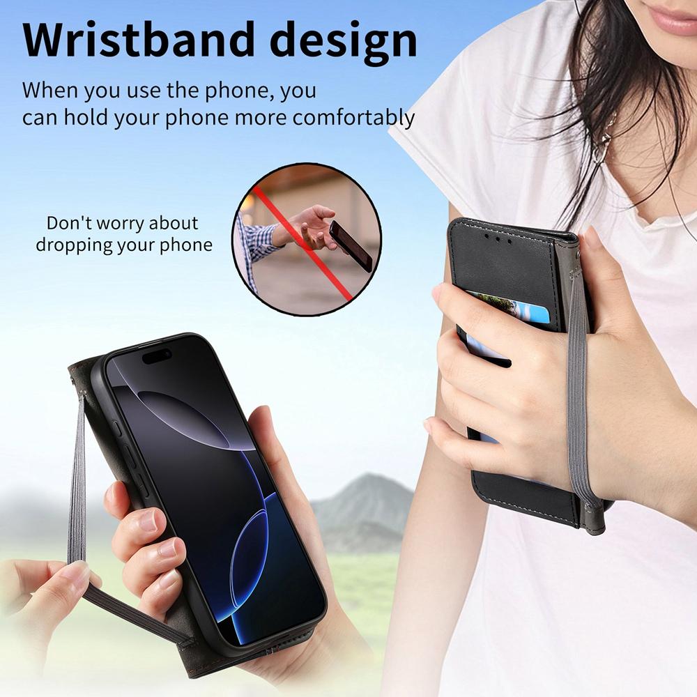 Ultra-Thin Strong Magnetic Wallet Phone Case with Card Slots, Photo Frame & Adjustable Viewing Stand - Anti-Slip Wrist Strap for iPhone / Samsung