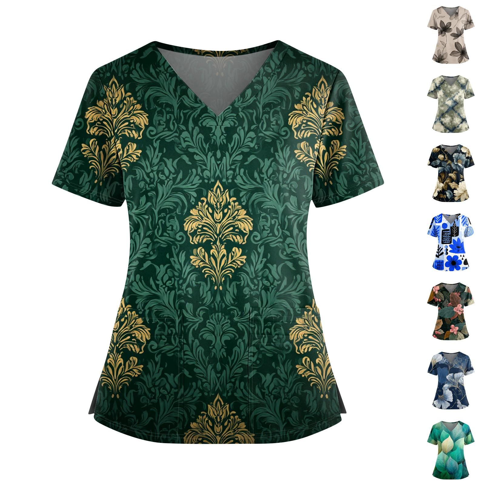 

Ladies Fashionable Floral Print V-neck Double Pocket Short Sleeved Shirt With Slit Hem And Protective Worker s Top L бежевий
