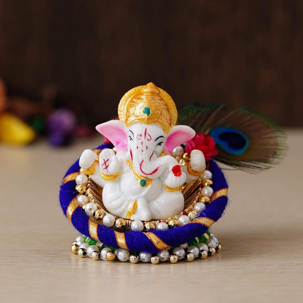 Resin Lord Ganesha Idol On Peacock Feather Decorative Plate| Ganesha Idol for Home Decor Car Dashboard| Ganesha Statue|