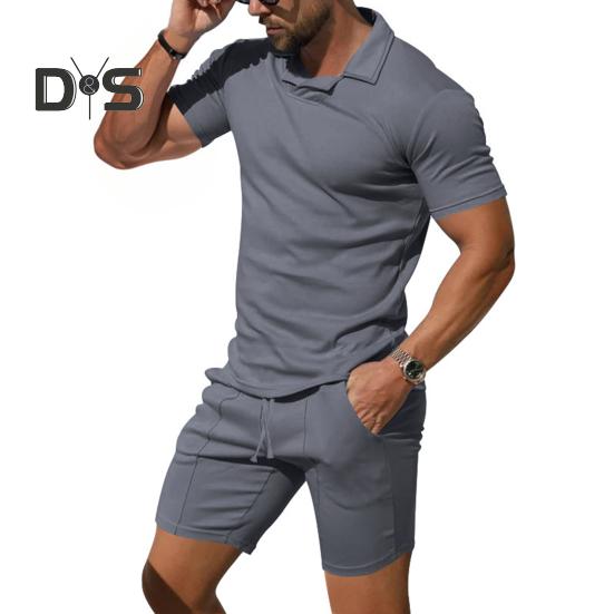 2 Teile/satz Männer Outfit Revers Kurzarm Pullover Tops Elastische Kordelzug Taille Taschen Shorts Set Einfarbig Sportswear
