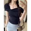 French Style Bow Detail Short Sleeve T Shirt Women Summer Cotton Ribbed Fabric Round Neck Blouse