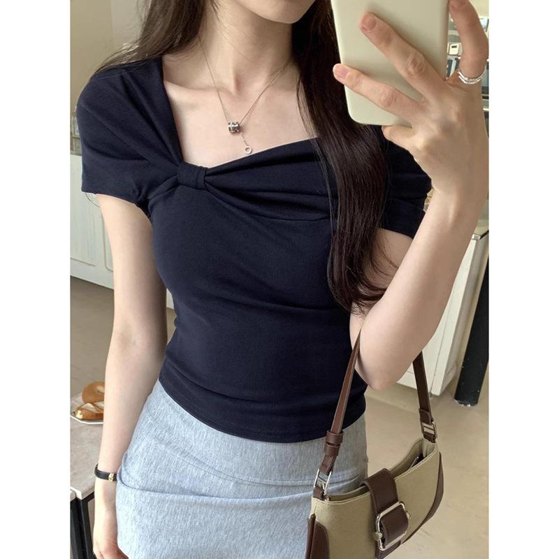 French Style Bow Detail Short Sleeve T Shirt Women Summer Cotton Ribbed Fabric Round Neck Blouse